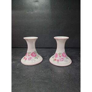 Elizabeth Arden White Pink Floral Candlestick Holders(2) Japan